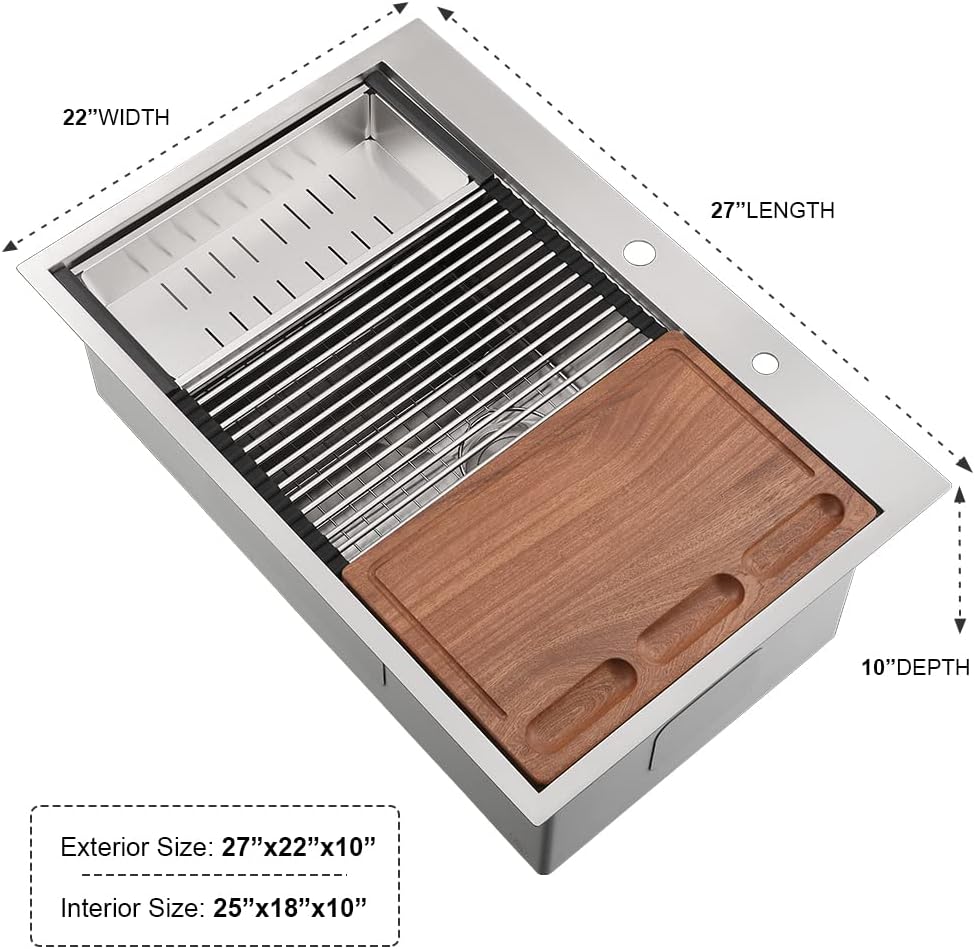 27 Inch Drop In Kitchen Sink Workstation-iAnomla 27x22 Stainless Steel Kitchen Sink Drop In Top Mount Sinks 16 Gauge Stainless Steel Single Bowl Deep Overmount Sinks with Cutting Board