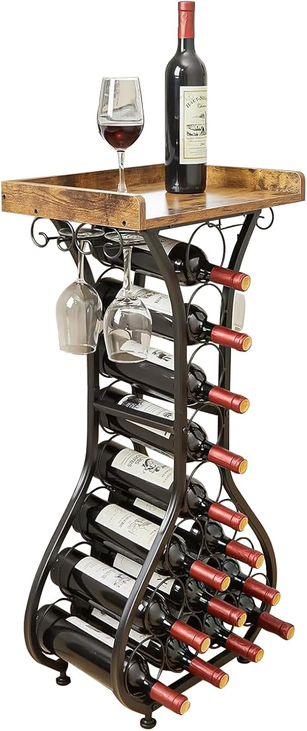 Wine Rack Freestanding Floor, Freestanding Wine Racks with 14 Bottles Wine Glass Holder, Mini Bar Wood Tabletop Wine Storage, Small Wine Cabinet for Home Bar Kitchen Dining Room