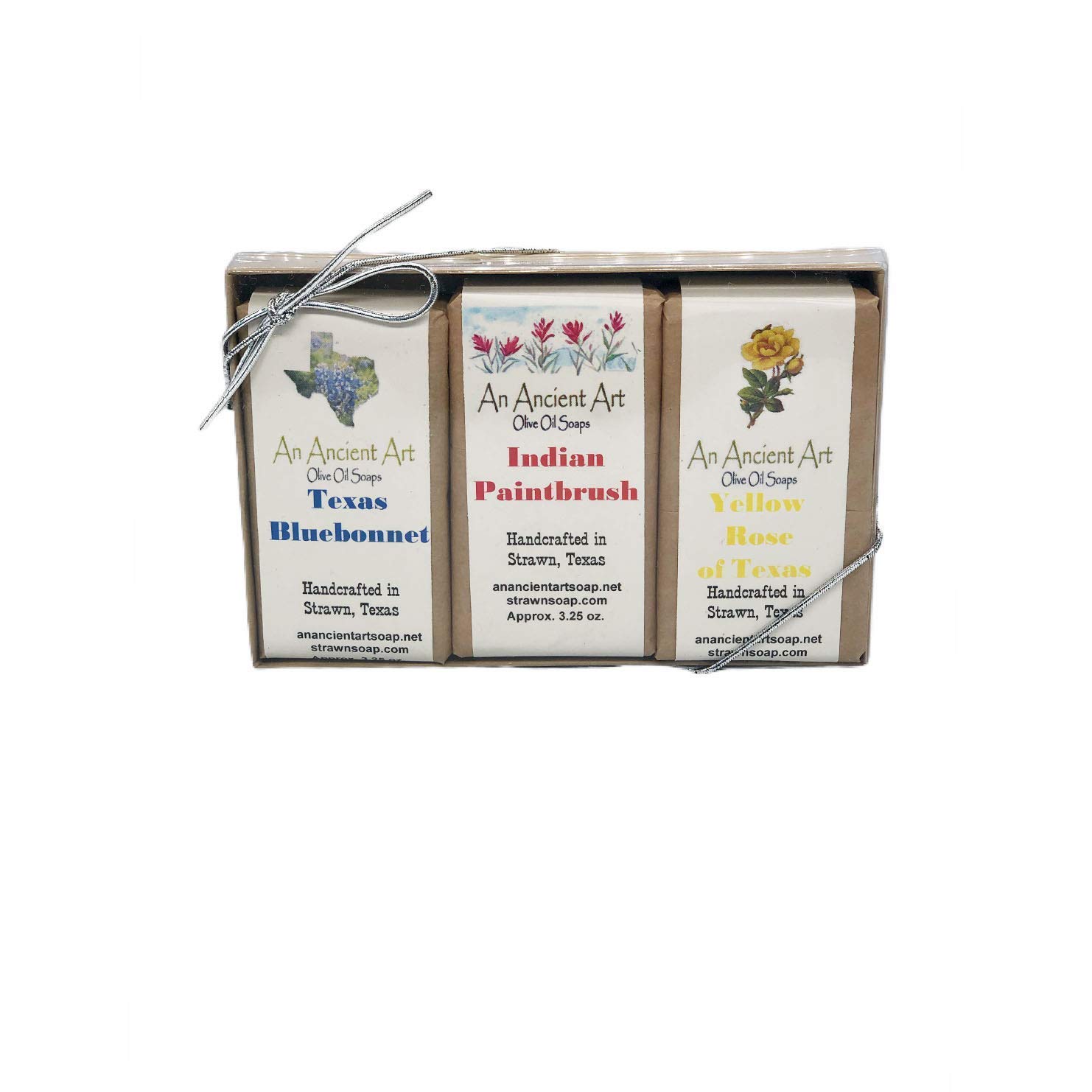 An Ancient Art’s Bar Soap Set of 3 Aprox. 3.25oz - All Natural Soap Handmade with Olive Oil, Palm Oil, and Coconut Oil (Texas Bluebonnet, Indian Paintbrush, Yellow Rose) - Gift Set (Texas Set)