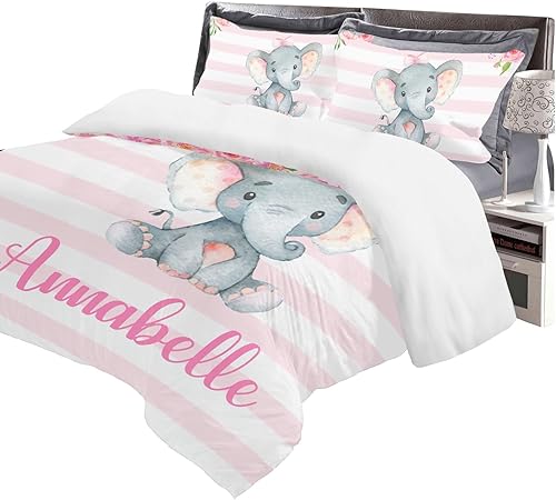 Miniatura 3 de Funda de edredón personalizada con diseño de elefante floral rosa para niña, tamaño Queen, manta de edredón y fundas de almohada, juegos de cama de
