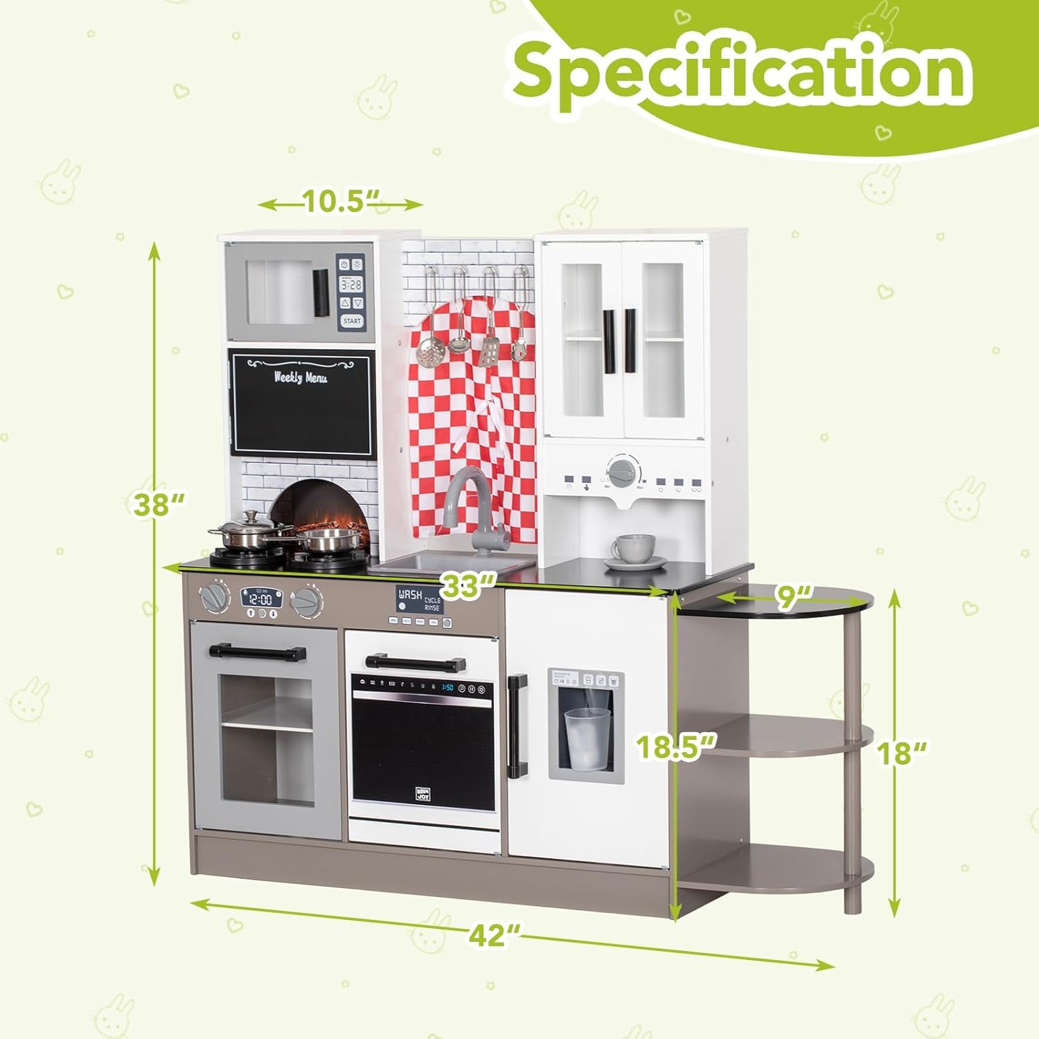 BRINJOY Kinderküche, Holz Kleinkind Küche Set mit Vorhänge, Kaffeemaschine, Aufbewahrungsregal, Herd, Waschbecken, Geschirr, Licht & Klang,Spielen Küche Spielzeug Geschenk für Mädchen Jungen (Weiß)