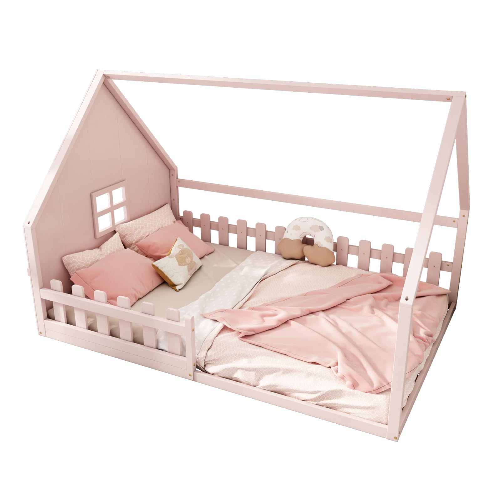 Cama infantil, cama Montessori, cama de madera de pino macizo, cama individual con forma de casa para niños o niñas, sin colchón (rosa, 140 x 200 cm)