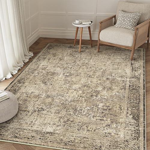 3x5 Area Rug Washable Vintage Neutral Entryway Living Room Carpet Indoor Office Non Slip Brown Entrance Distressed Low Pile Retro Accent Throw Rug for Dining Room Bathroom Bedroom Laundry