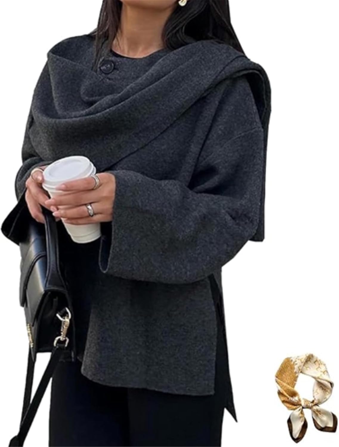 Women's Oversized Scarf Jacket，Wool Blend Long Sleeve Button Overcoats,Side Split Fall Winter Peacoat Shawl Wraps