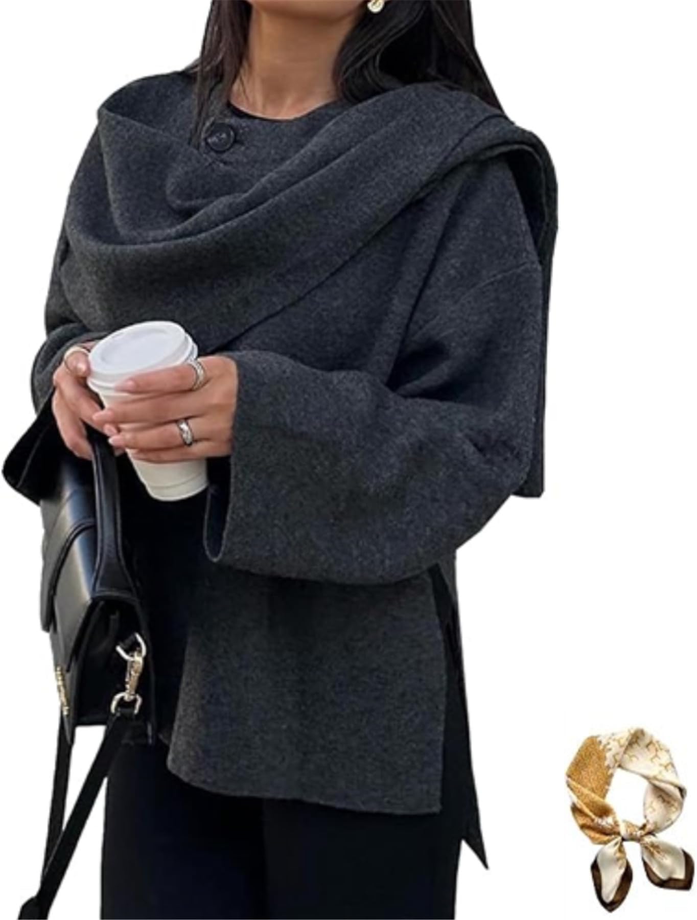 Women's Oversized Scarf Jacket，Wool Blend Long Sleeve Button Overcoats,Side Split Fall Winter Peacoat Shawl Wraps