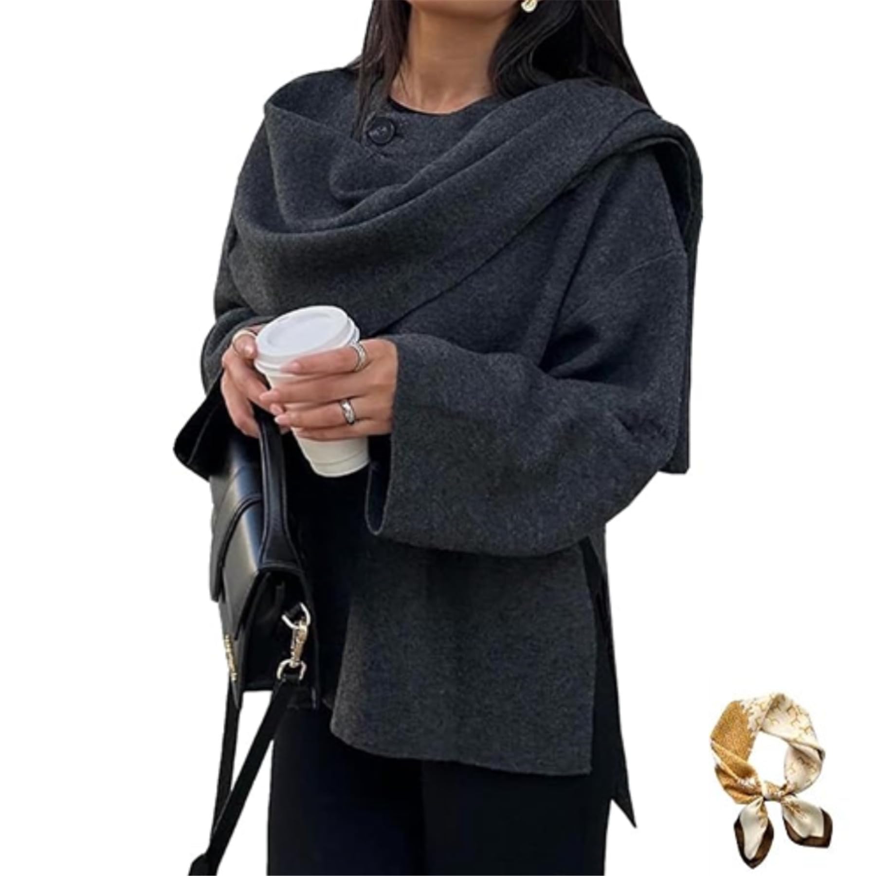 Women's Oversized Scarf Jacket，Wool Blend Long Sleeve Button Overcoats,Side Split Fall Winter Peacoat Shawl Wraps