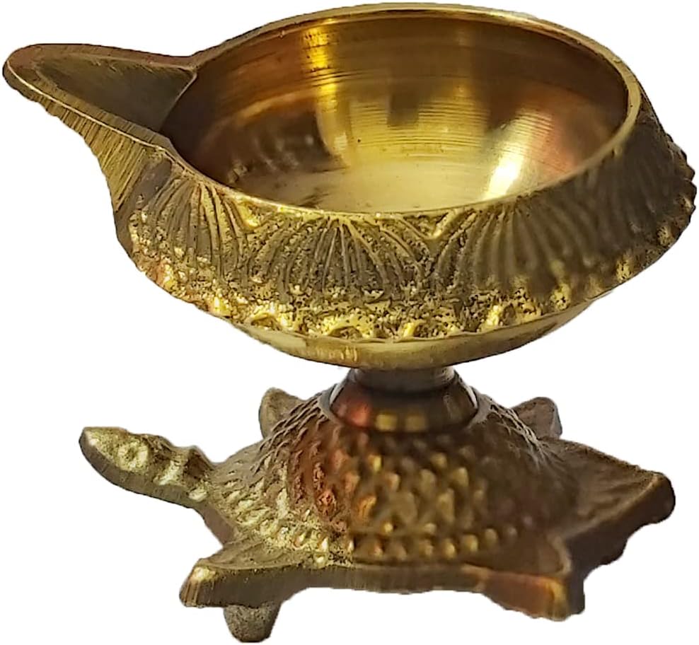 PARIJAT HANDICRAFT Handmade Indian puja Golden Oil lamp for Diwali Pooja Article akhand Diya for Pooja Handmade Indian puja Brass Oil lamp Design Diya with Turtle Base