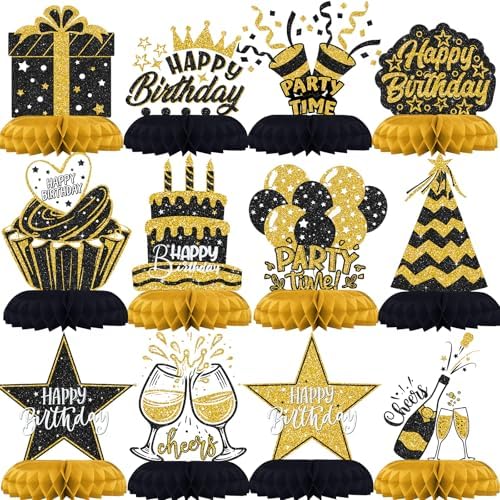 Black and Gold Birthday Decorations – 12Pcs Honeycomb Table Cente...