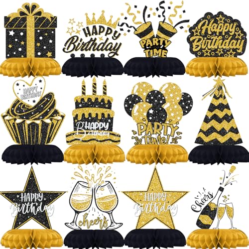 Black and Gold Birthday Decorations 12Pcs Honeycomb Table Centerpieces Elegant Party Table Toppers for Women Classy Black Gold Birthday Party Supplies