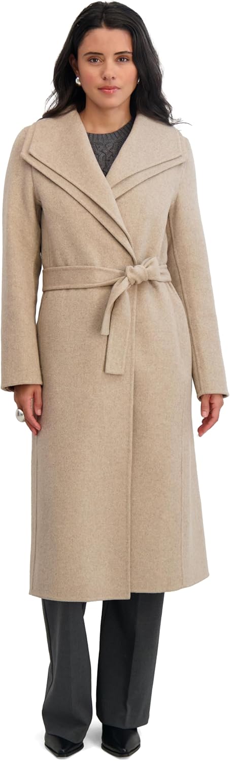 TAHARI Women's Slim Fit Double-Faced Wool Blend Wrap Coat with Tie Belt – Longline Silhouette, Oatmeal, Medium