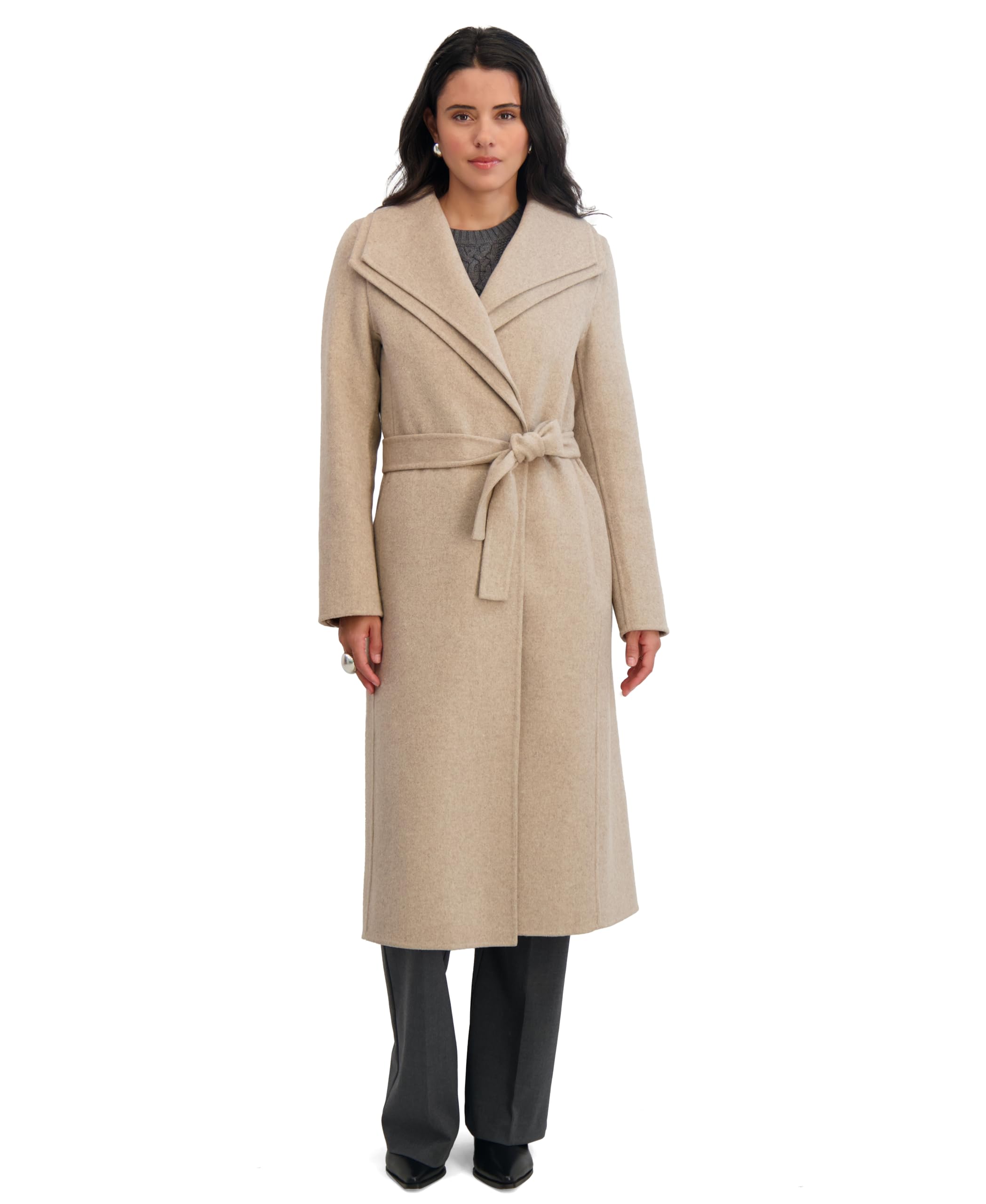 Women's Slim Fit Double-Faced Wool Blend Wrap Coat with Tie Belt – Longline Silhouette-image-24