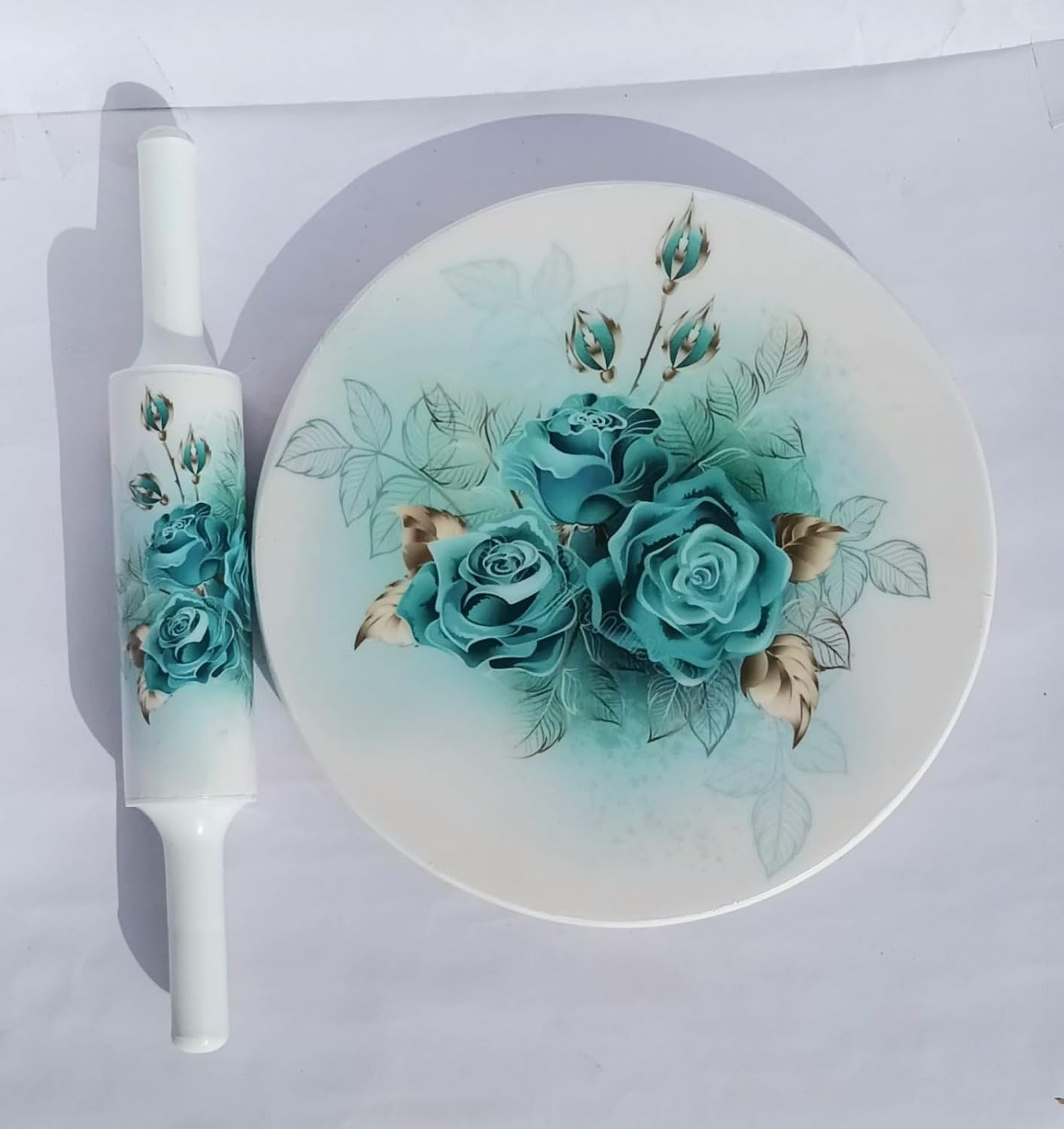 Samyuktha Printed White Marble Roti Maker with Wooden Belan Enamel Print/White Marble Chakla 10 Inch Diameter with Belan (Design 1)