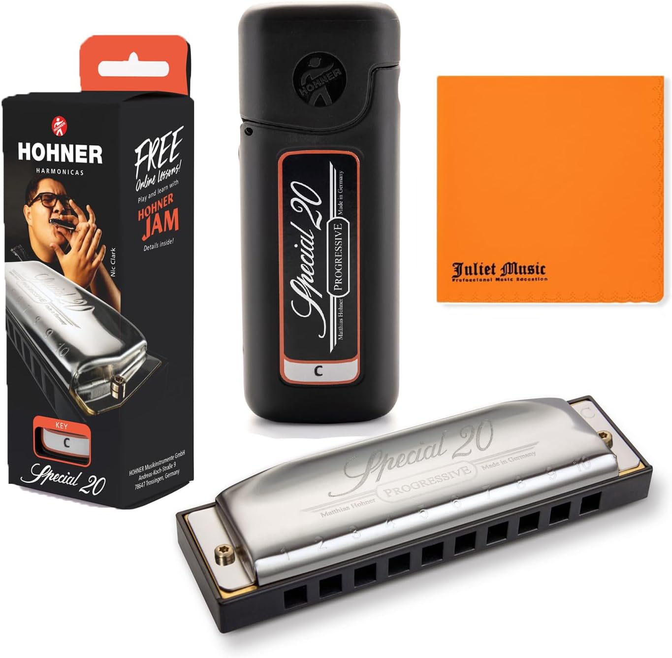 Hohner Harmonica Special 20 Key C Progressive Series 560PBXC 10 Holes, Bundle with Hard Case, Juliet Music Polishing Cloth