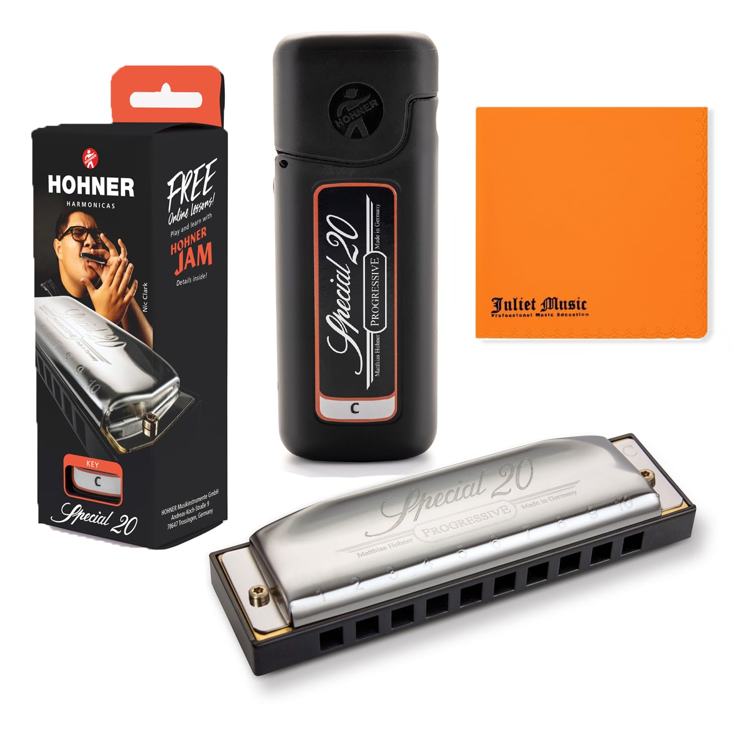 Hohner Harmonica Special 20 Key C Progressive Series 560PBXC 10 agujeros, paquete con estuche duro, mini collar de armónica Juliet Music paño de pulido