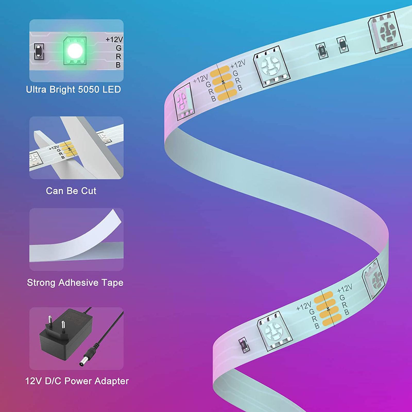 Teclas 12V de la luz LED de la música IP20 de la Tira de la luz Elegante 5050RGB de WiFi, controlada por el App Bluetooth,10M