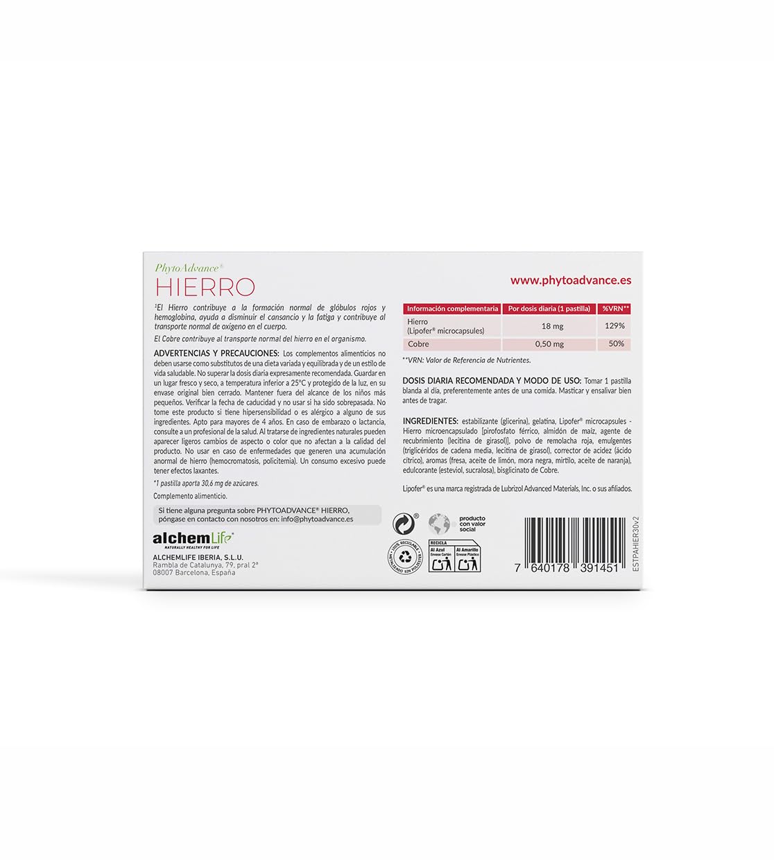 AlchemLife - PhytoAdvance Hierro | Formación de Glóbulos Rojos y Energía | 30 Pastillas Blandas Masticables | Reduce Cansancio y Fatiga | Tecnología Lipofer de Alta Absorción | Sin Sabor Metálico