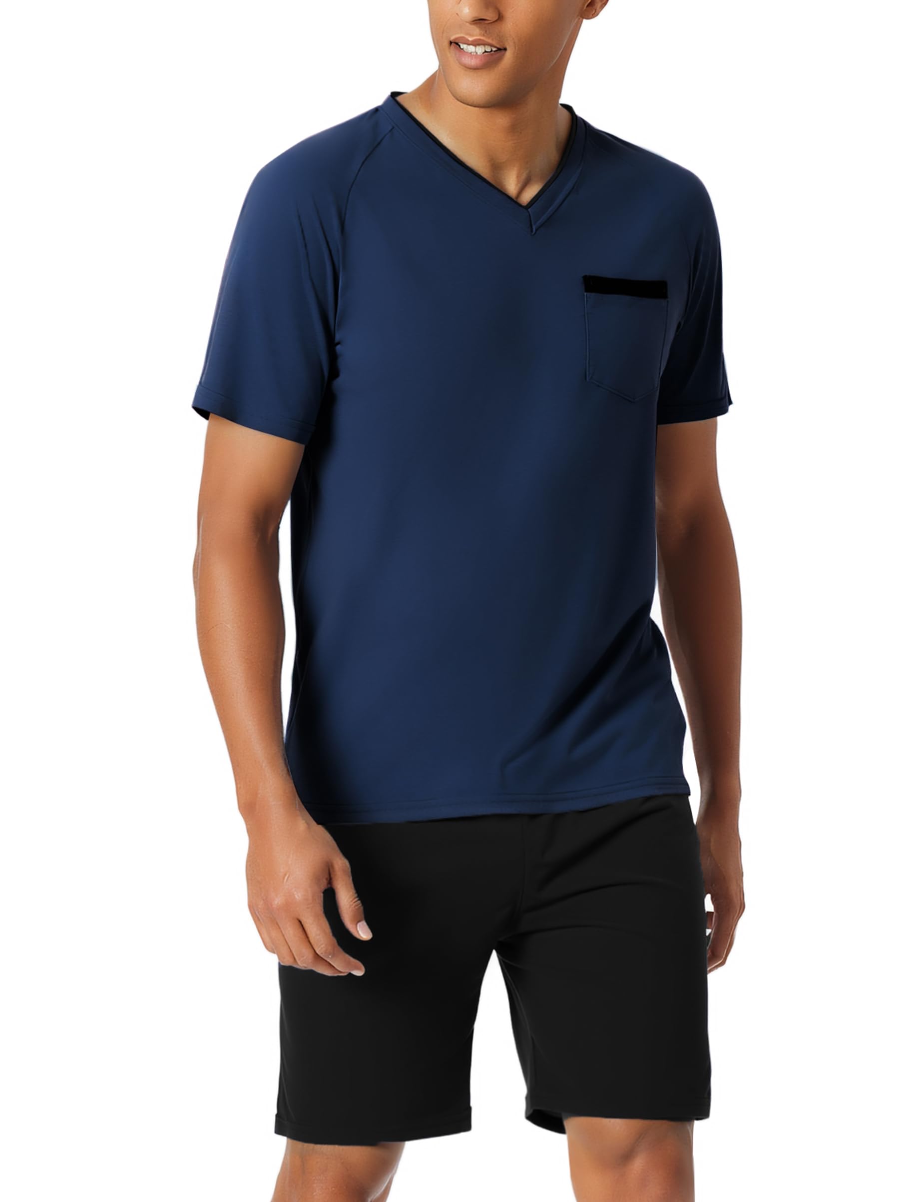 Bresdk Schlafanzug Herren Kurz Sommer Pyjama Set Baumwolle Shorty Kurzer Schlafanzüge mit V-Ausschnitt Schlafanzughose Zweiteilig Set