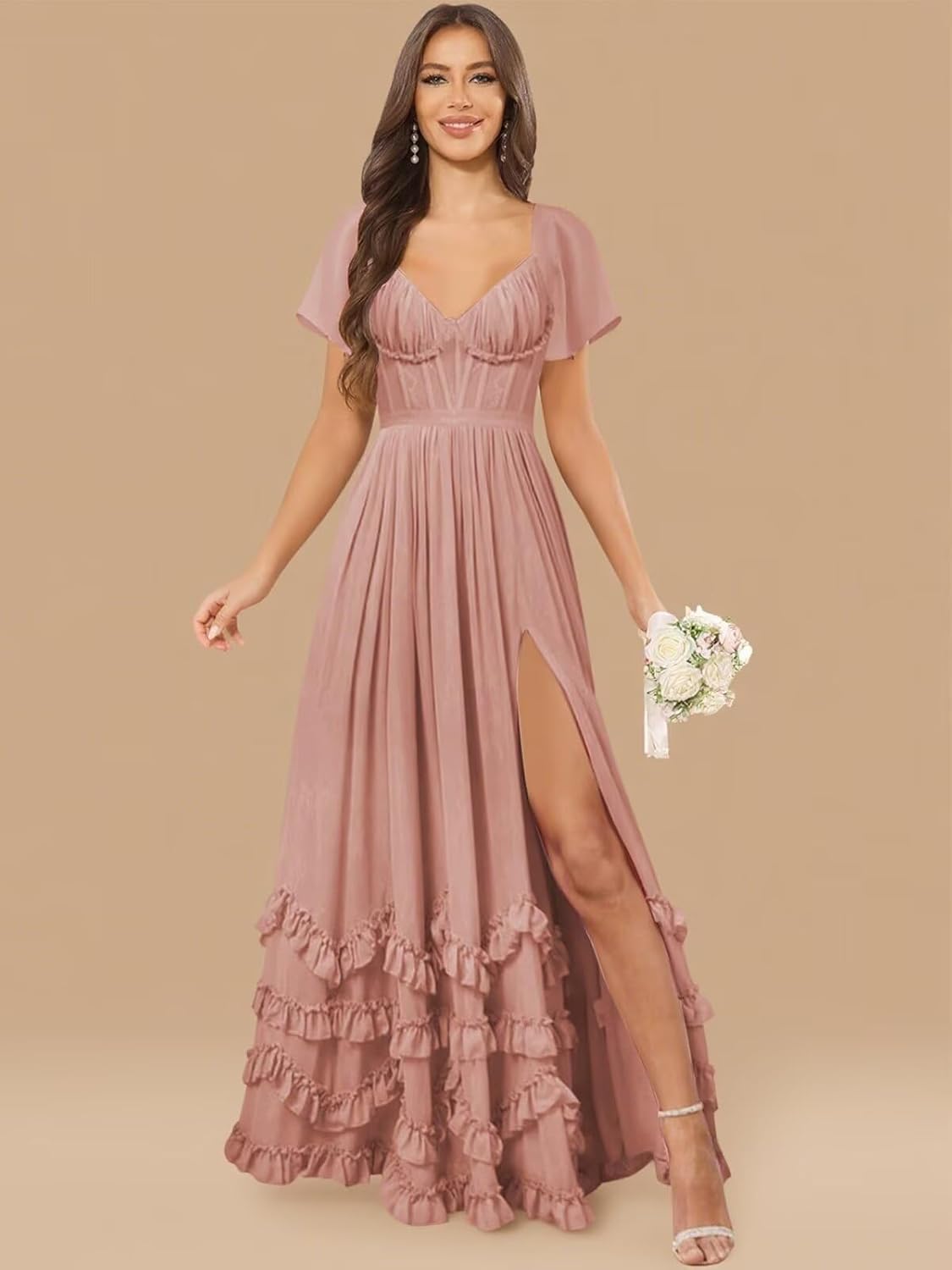 Short Sleeve Bridesmaid Dresses for Women Flowy Chiffon Long Ruffle V Neck Formal Evening Maxi Gown with Slit