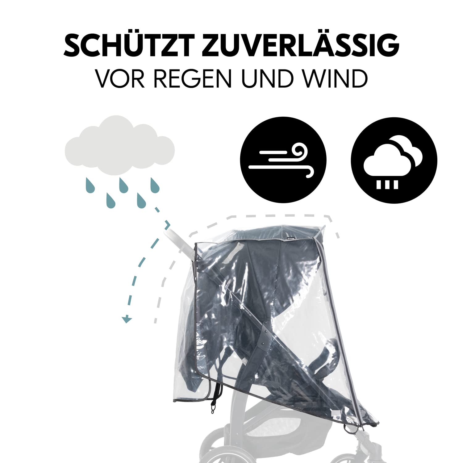 hauck Universal Kinderwagen Regenschutz 47 x 40 x 85 cm mit Reflektierender Umrandung, Kontakt & Belüftungs Fenster, Einfache Klettverschluss Befestigung am Kinderbuggy (Transparent)