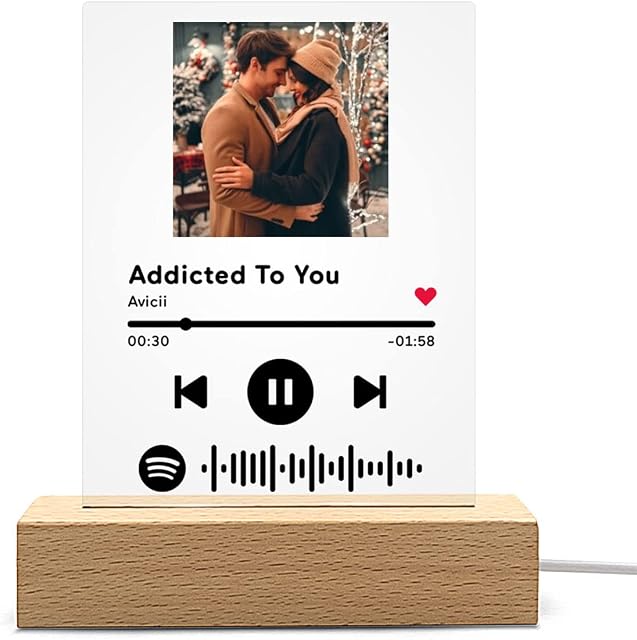 Personalised Spotify Plaque Glass Art Scannable Spotify Code Photo Plaque Light Acrylic Song Music Plaque Frame LED Lamp Customised Gifts for Lover Christmas Anniversary
