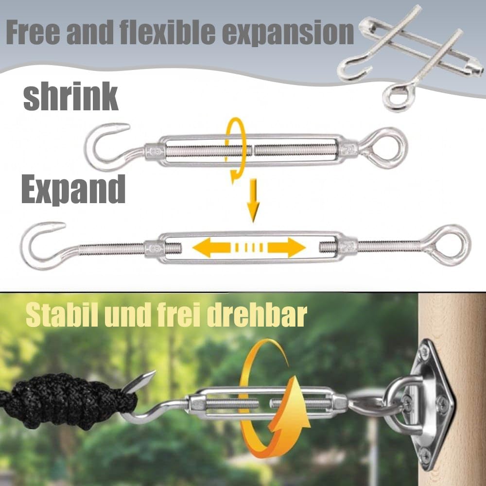 Hitefu 6 Tenditori Per Cavi M6 Con Gancio E Gancio - Acciaio Inox 304 - Regolabili Da 14 A 22 Cm - 4