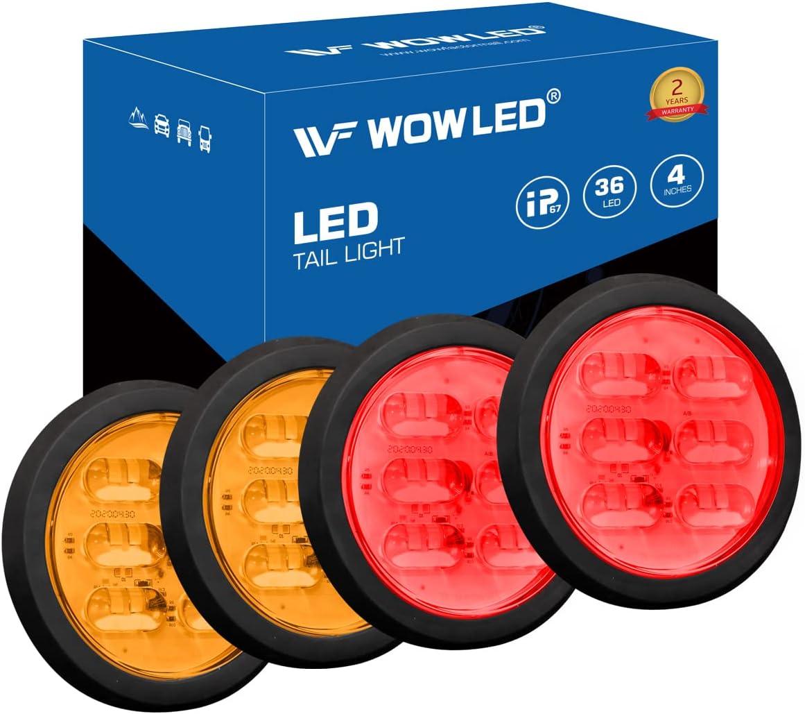 WFPOWER 4Pcs 4 Inch Round Led Trailer Tail Lights Kit, 2 Pack Red + 2 Pack Amber LED Waterproof Grommet 4" Brake Parking Turn Tail Marker Trailer Lights for Truck RV Boat UTE UTV 12V 24V