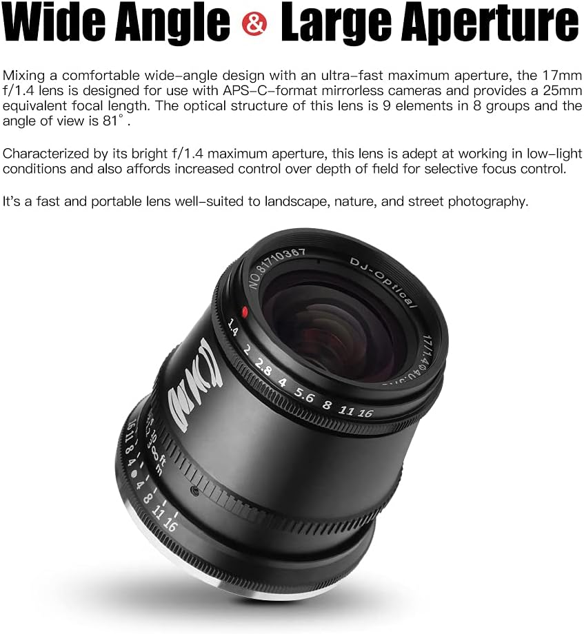 TTArtisan 17mm F1.4 APS-C Cameras Lens Manual Focus MF Compatible with Fuji X Mount Camera X-A1,X-A10, X-A2, X-A3, X-A5, X-A7, X-M1, X-M2, X-H1, X-T1