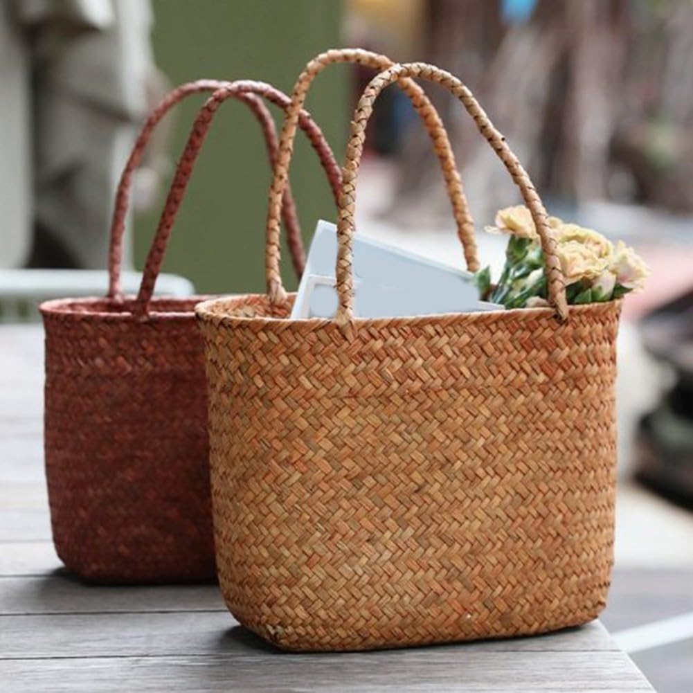 Panier en osier fabriqué à la main avec poignée robuste, panier de pique-nique tressé en paille pour le rangement du jardin et de la plage (marron)