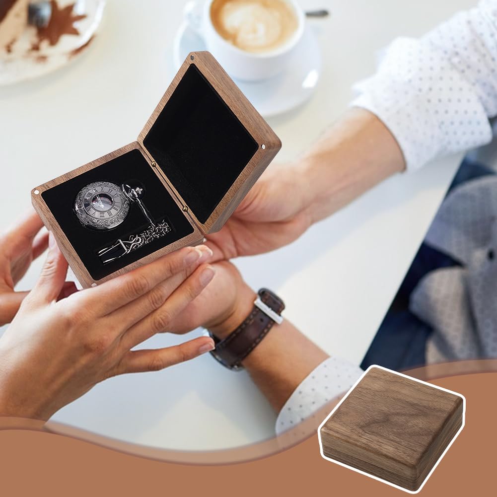 AHANDMAKER Caja de reloj de bolsillo de madera de nogal, caja de regalo portátil para un solo reloj con cojín, caja de reloj de madera, almacenamiento de joyas, organizador de viaje para hombres y