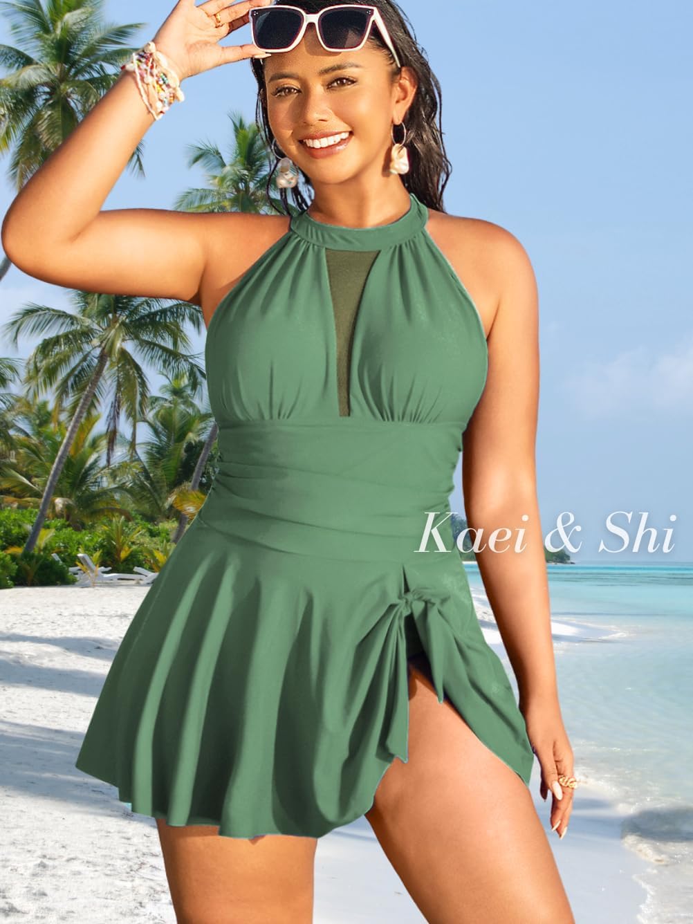 Kaei&Shi Women Plus Size Swim Dress Fit 8-26,Halter High Neck One Piece Swimsuit,Mesh Swimdress Skirt Bathing Suit - Image 5