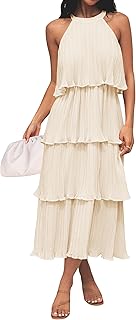 Women's 2025 Summer Sleeveless Halter Neck Ruffle Tiered Layed Chiffon Flowy Swing Long Midi Dress - Buy now