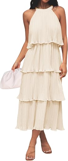 ZESICA Women's 2023 Summer Sleeveless Halter Neck Ruffle Tiered Layered Chiffon Flowy Swing Long Midi Dress