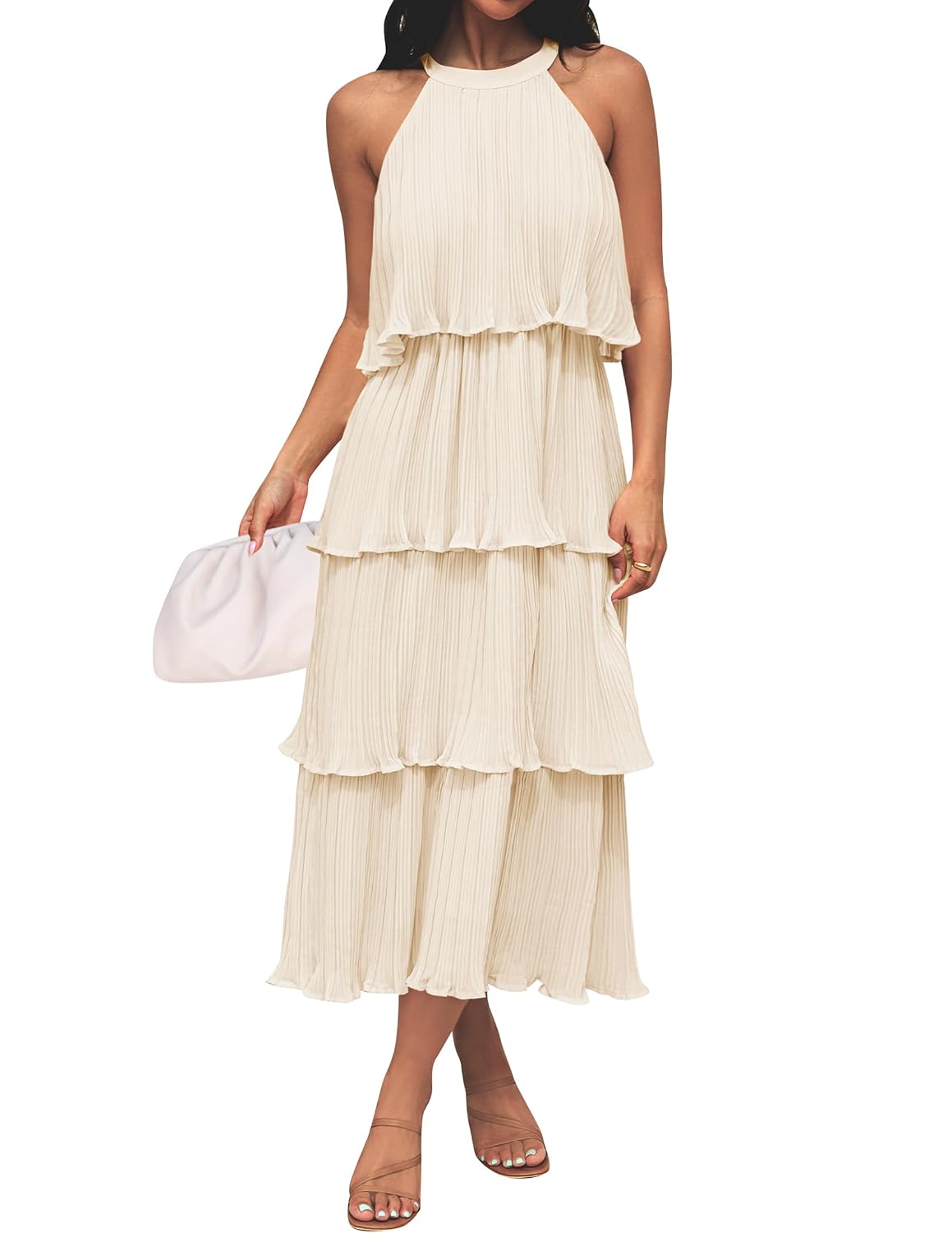 ZESICA Halter Neck Ruffle Tiered Chiffon Midi Dress