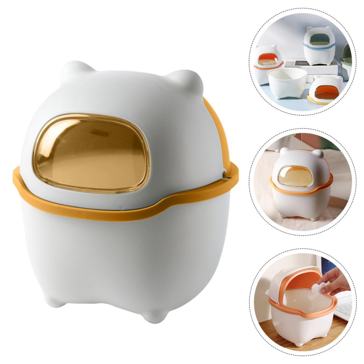 Cartoon Bear Shape Mini Desktop Trash Can with Lid, Yellow