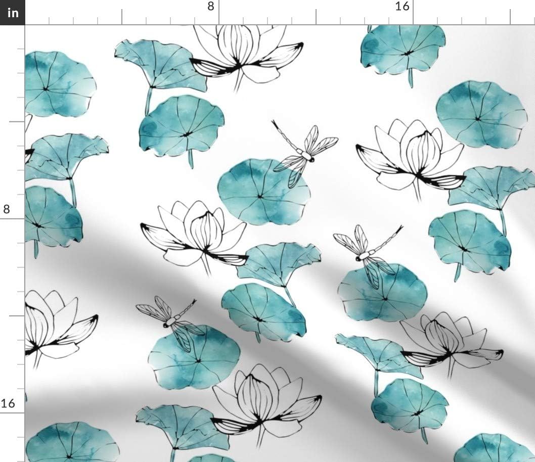 Spoonflower Fabric - Dragonfly Watercolor Lotus Floral Turquoise Blue Green Nature Printed on Petal Signature Cotton Fabric by The Yard - Sewing Quilting Apparel Crafts Decor