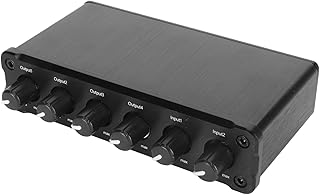 2 in 4 Out Sound Amplifier, Adjustable Volume Lossless 3.5mm Headphone Jack Sound Signal Amplifier Aluminum Alloy Housing for Computer (US Plug)