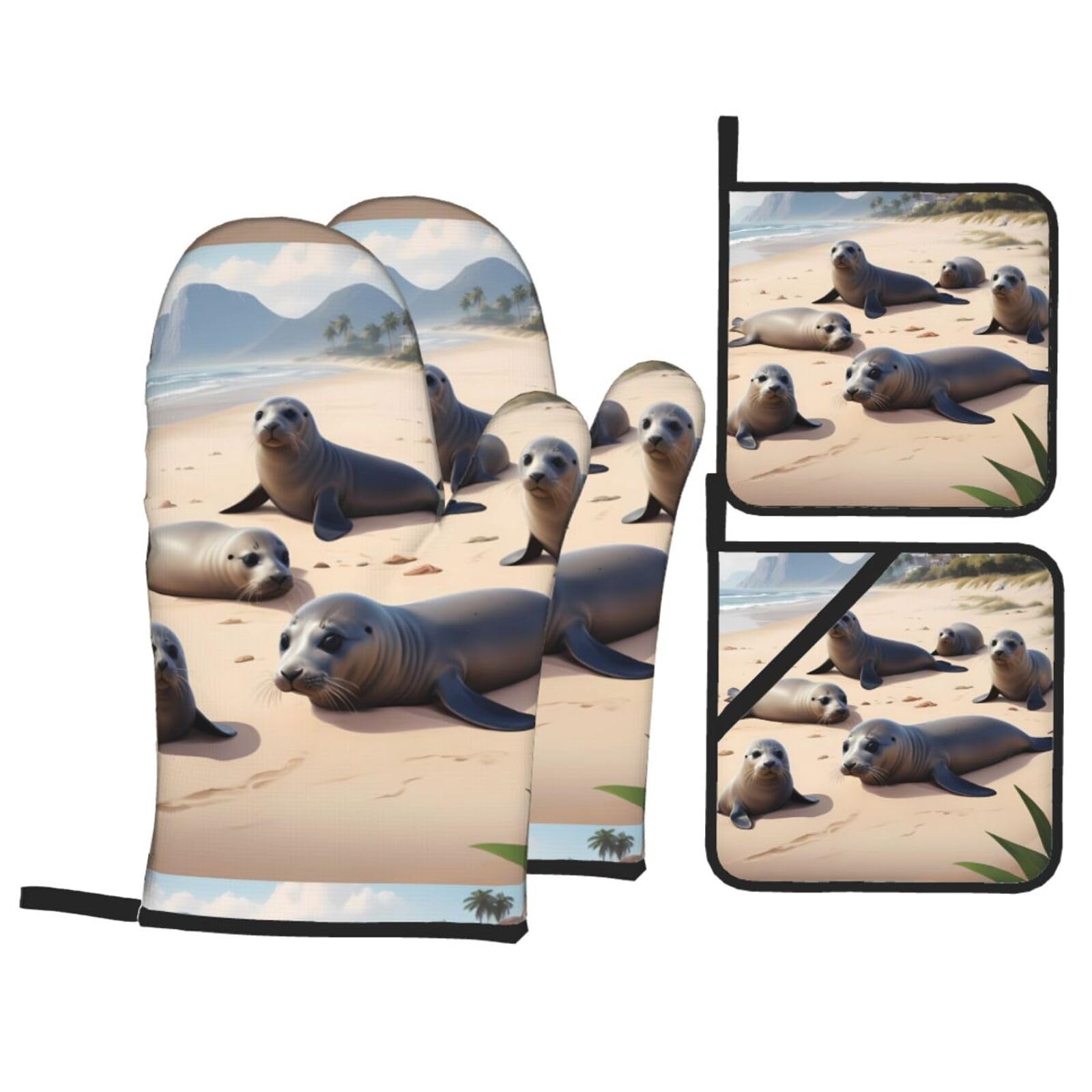 HJFCZH Seals On The Beach Picture Kitchen Baking Set of 4 Thick Insulated Oven Mitt & Pot Holders, Anti-Scalding for Microwave, Oven, Outdoor BBQ