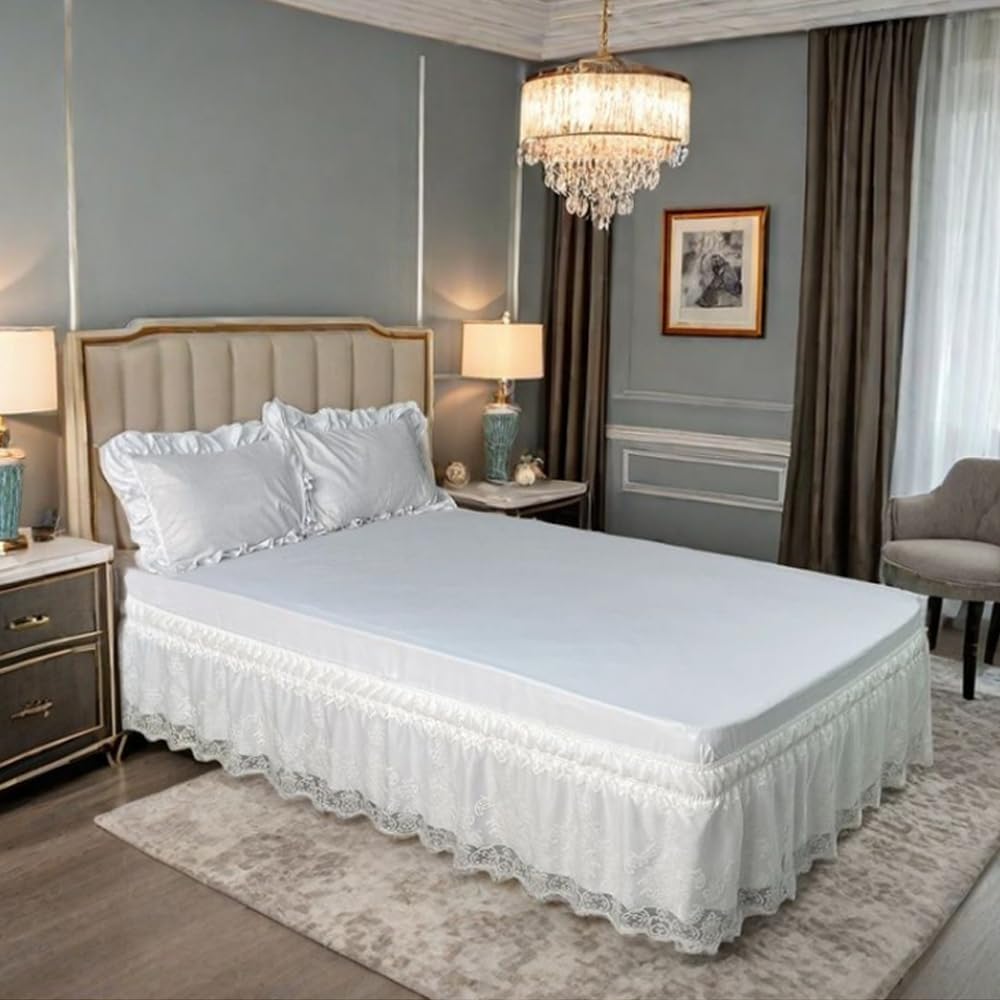 Double Layers Lace Bed Skirt 15 Inch Drop with Wrap Around Elastic Band, Dust Ruffle Bedskirt Hide Box Springs Bedframe