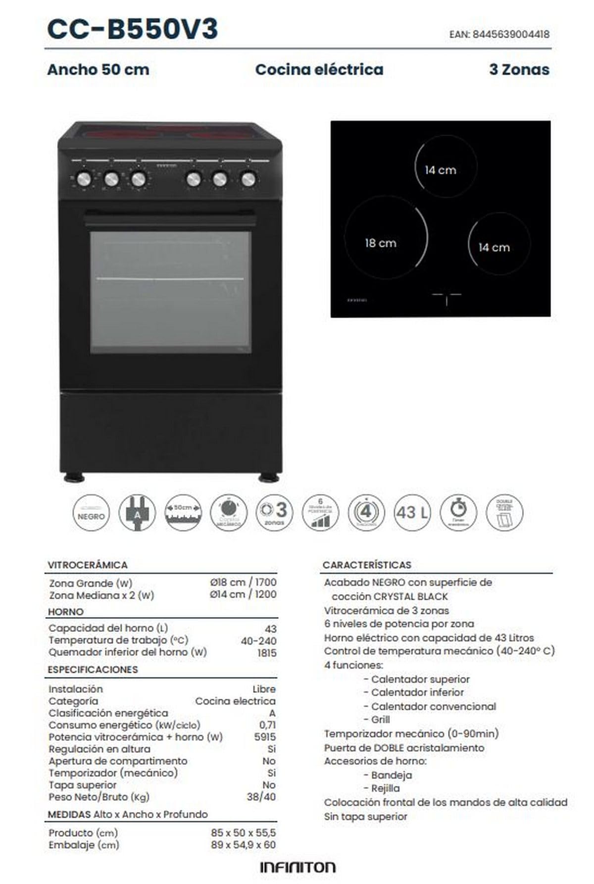 INFINITON Cocina con Horno CC-B550V3, Vitroceramica 3 Zonas, Horno Electrico 43 L, 6 Niveles de Potencia, Grill, Doble Acristalamiento, A, Negro