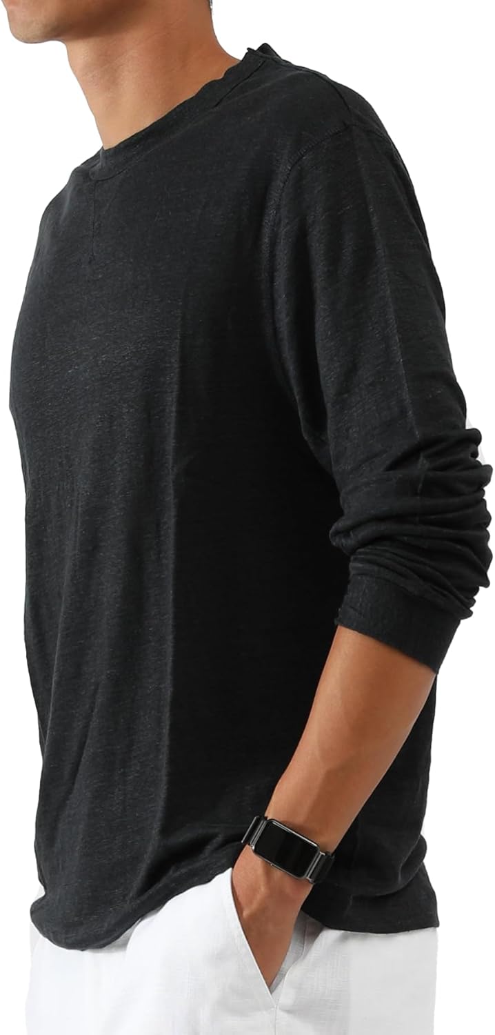 Men's 100% Linen Jersey T-Shirt Long Sleeve Relaxed Fit Coverstitch Detailing Breathable Crewneck Tee