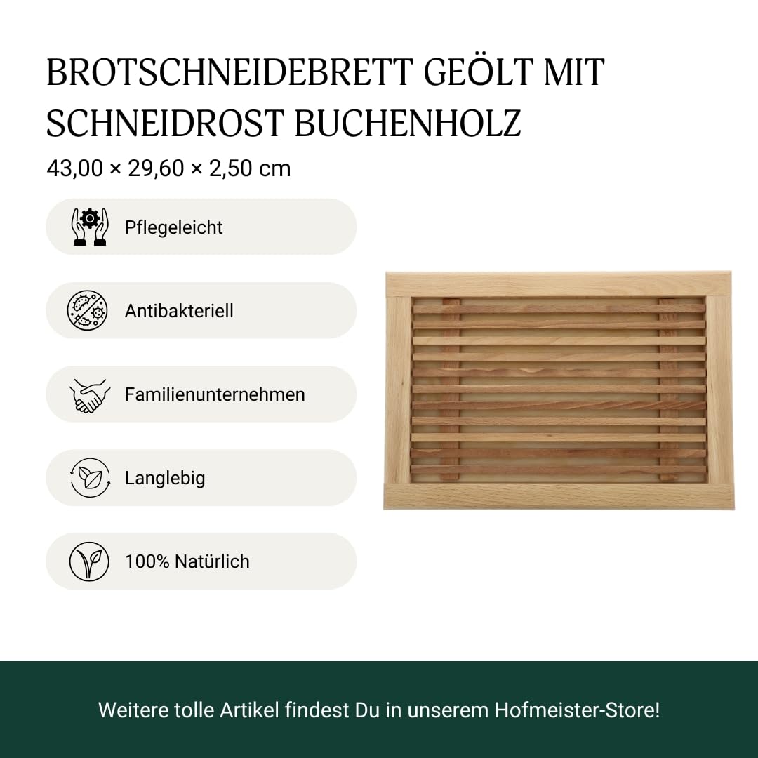 HOFMEISTER® Brotschneidebrett Holz, 40 cm, herausnehmbarere Auffangschale, aus Europa, Schneideunterlage mit Krümelgitter, Buche, stabiles Schneiden, Schneidbrett mit Schublade