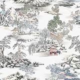 VaryStyle 17.7'x118' Chinoiserie Wallpaper Peel and Stick Antique Landscape Toile Wallpaper Vintage Floral Contact Paper for Shelves Walls Mural Waterproof Vinyl Wall Paper for Bathroom Living Room
