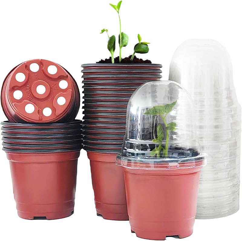 RooTrimmer Plant Nursery Pots with Humidity Domes, 25 Sets 4 Inch Soft Nursery Pots Quality Ones (25 Red Pots + 25 Clear Lids), Seeds Starter Pots Small Planter Containers