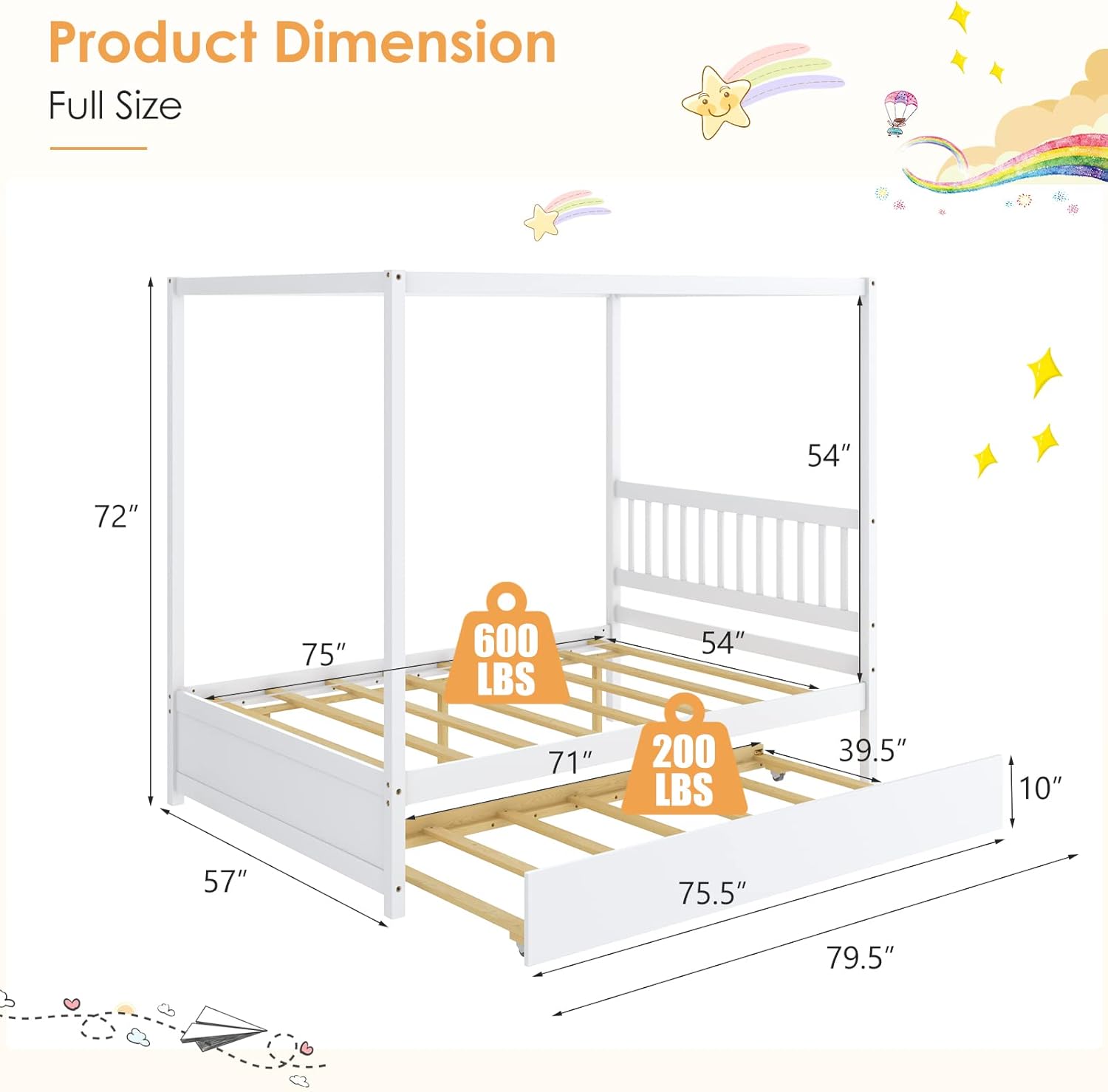 Giantex Canopy Bed with Trundle, Full Size Kids Solid Wood Platform Bed Frame w/Headboard Wooden Twin Trundle Bed for Boys Girls, No Box Spring Needed (White)