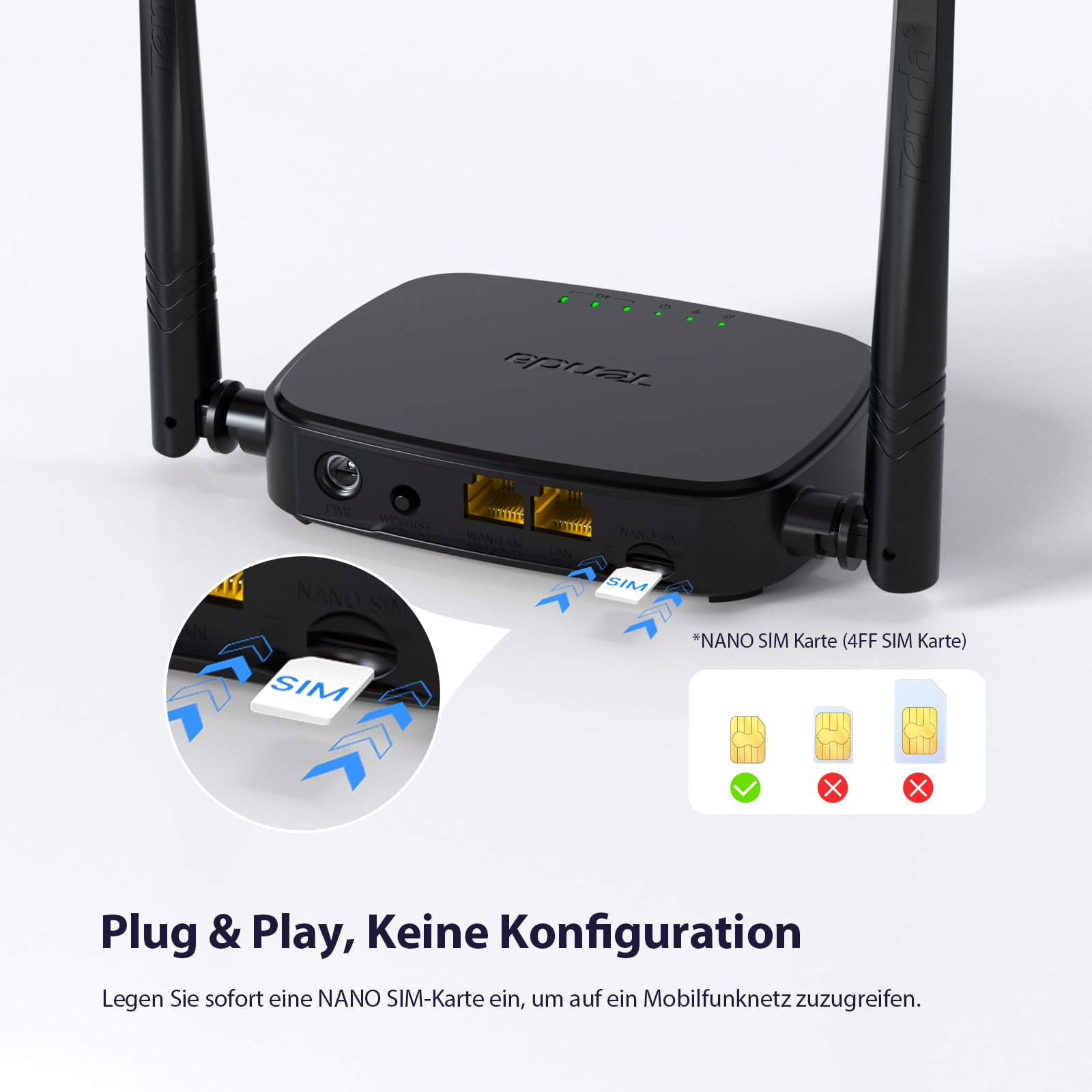 Tenda 4G03 Pro LTE Router, Mobiler WLAN Router SIM-Karte (4G Cat4 bis 150 Mbit/s, 300 Mbit/s 2.4GHz) USB-DC und LAN/WAN-Ports, Plug and Play, bis zu 32 Geräte, WiFi Router mit Gast Kindersicherung