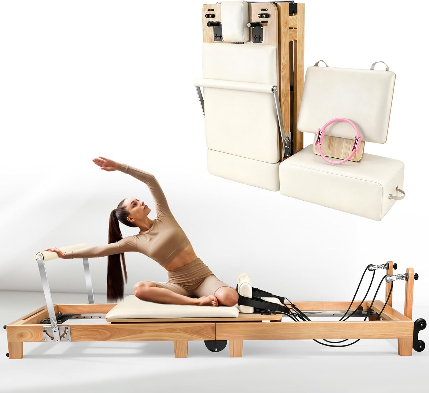 Pilates Reformer Machine, 95" Foldable Studio Grade Pilates Equipment with Adjustable Reformer Heights for Gym, Studio and Home, Oak Wood Pilates Reformer with Jump Board