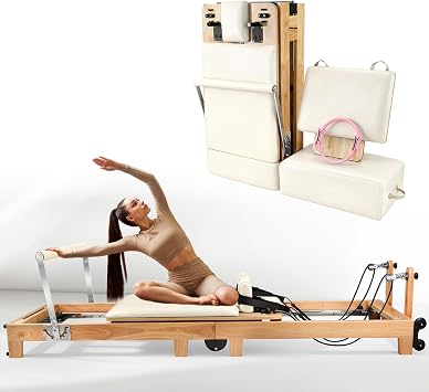 Pilates Reformer Machine, Foldable Oak Wood Pilates Reformer, Studio-Grade Pilates Equipment, 5-Spring Resistance Pilates Trainer, Home Gym Pilates Machine, Full Body Workout Pilates Reformer
