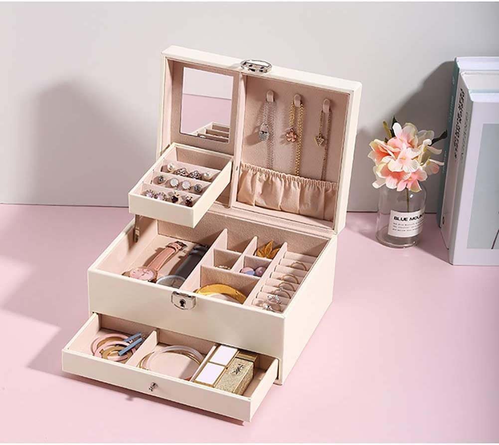 Caja De Joyería Caja De Joyería Caja De Joyería Con Cerradura Organizador Con Cajones Espejados Caja De Almacenamiento De Joyas Pendientes Anillos Caja De Exhibición Organizador De Joyas(Beige)