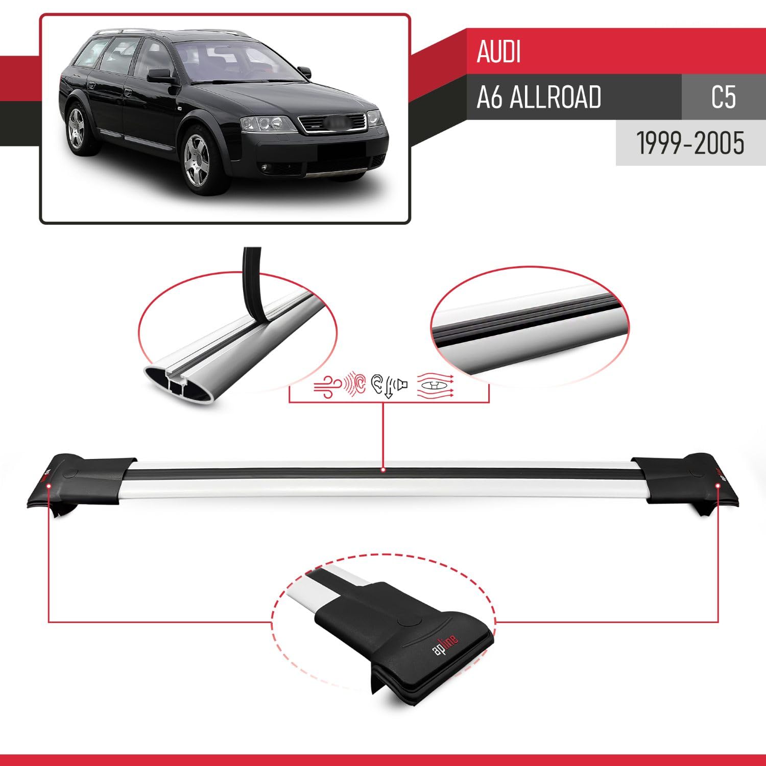 Compatible con Audi A6 (C5) Allroad 1999-2005 Modelo Fly Barra de Techo Auto Portaequipajes Barras Transversales Gris Aluminio 2 Barras