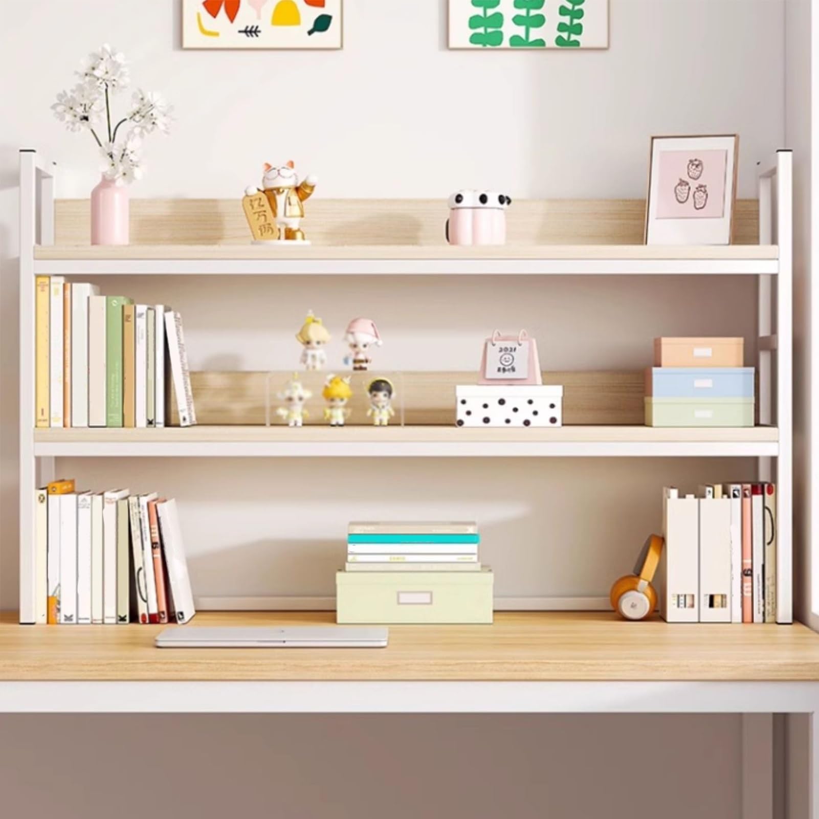 Schreibtisch-Organizer-Regal, Thekenaufsatz mit 2 Ablagen für Computertische, zur Aufbewahrung und Präsentation, für Büro, Wohnzimmer, Balkon, Arbeitszimmer (Holzfarbe, 95 cm/37,5 Zoll)